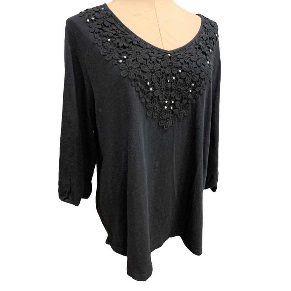 Size 1X Karen Scott Woman Black Crochet Embellished Knit Shirt